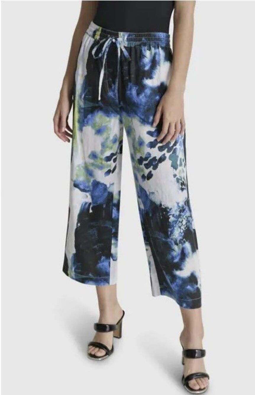 DKNY Women's Linen Abstract Peacock Straight Leg Pants Sz L Ankle Drawstring NWT